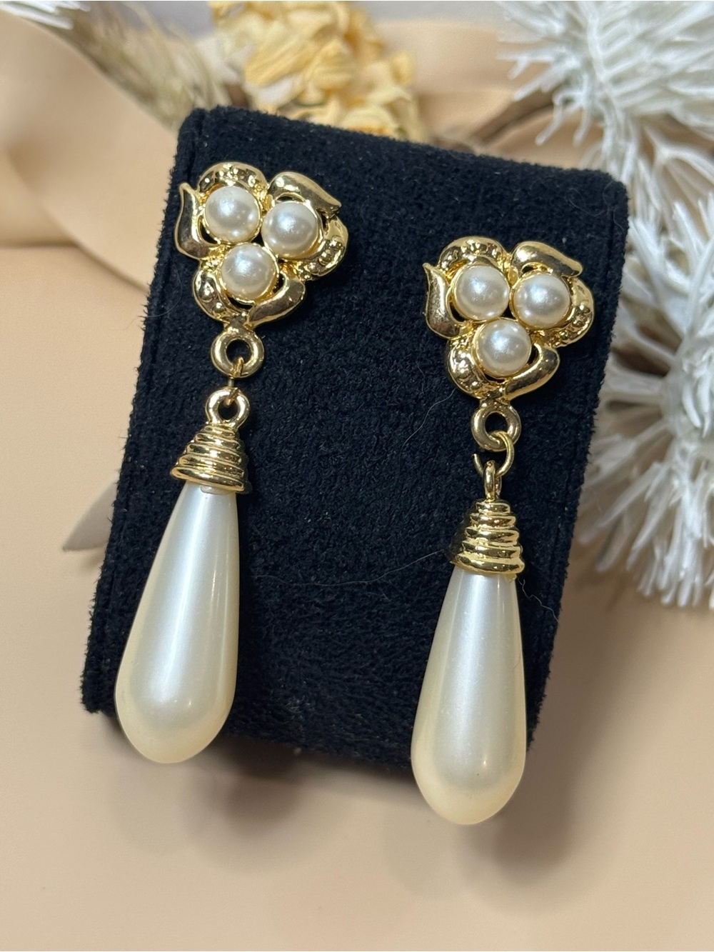 Gold Tone Floral Faux Pearl Teardrop Dangle Pierced Earrings